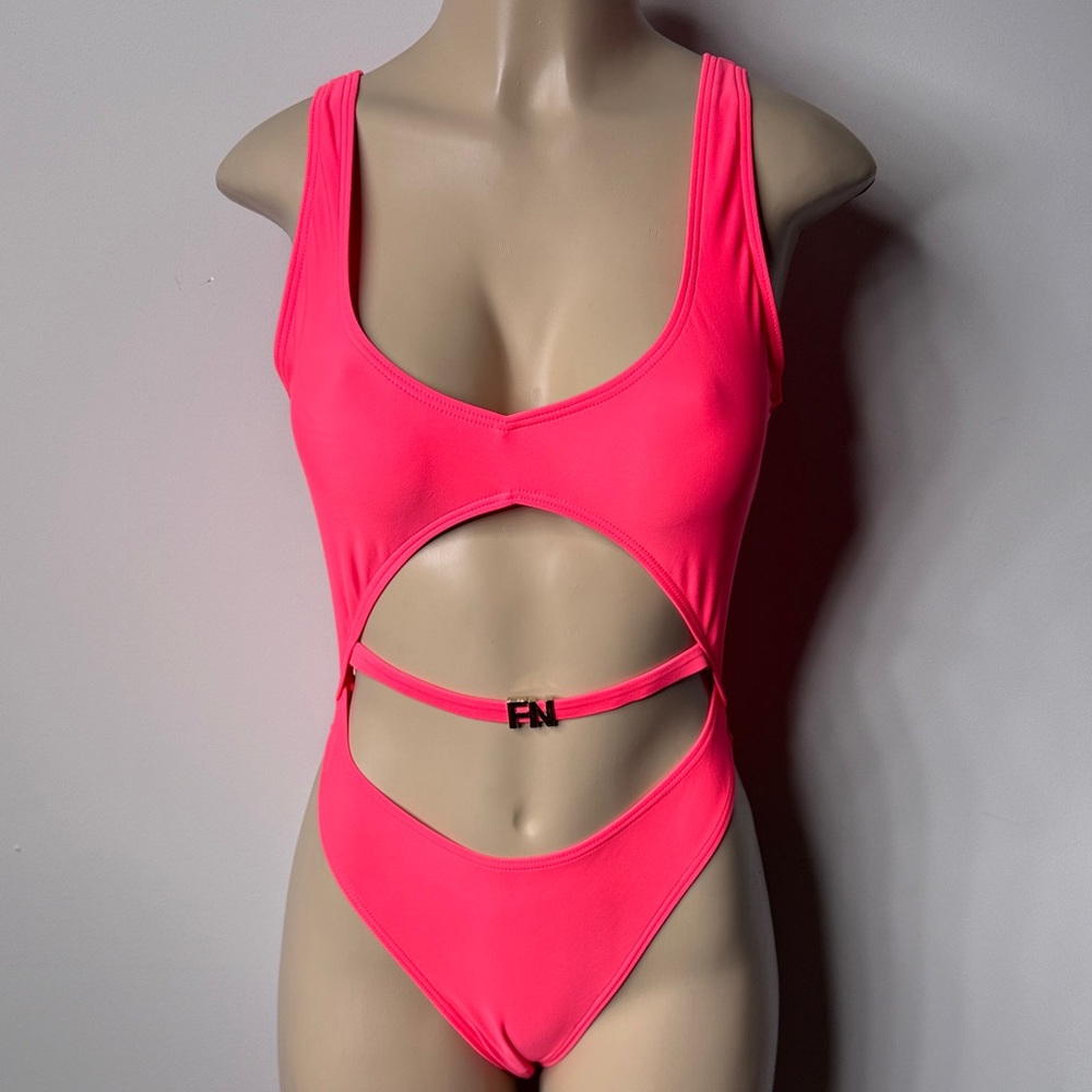 Fashion Nova Hot Orange Cutout One-Piece Swimsuit with FN Buckle